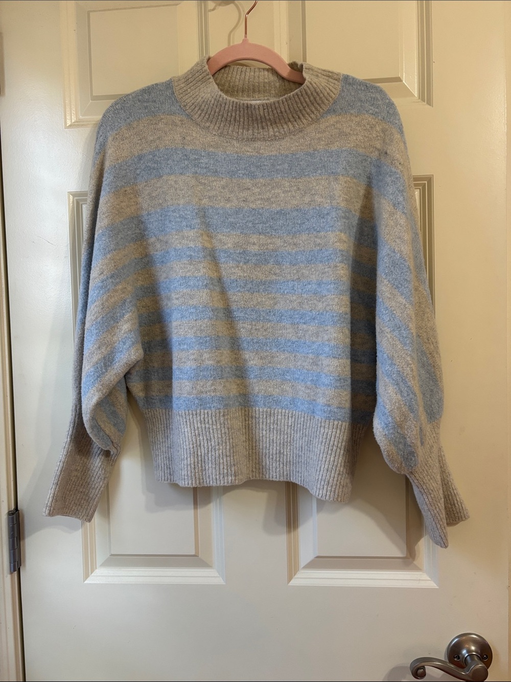 Lush Striped Turtleneck Sweater - Light Blue & Cream